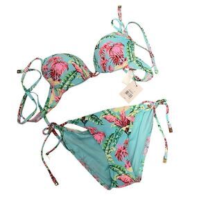 Topshop Floral Tropical 2 Piece Bikini Set Blue‎ Pink Size 4 NWT